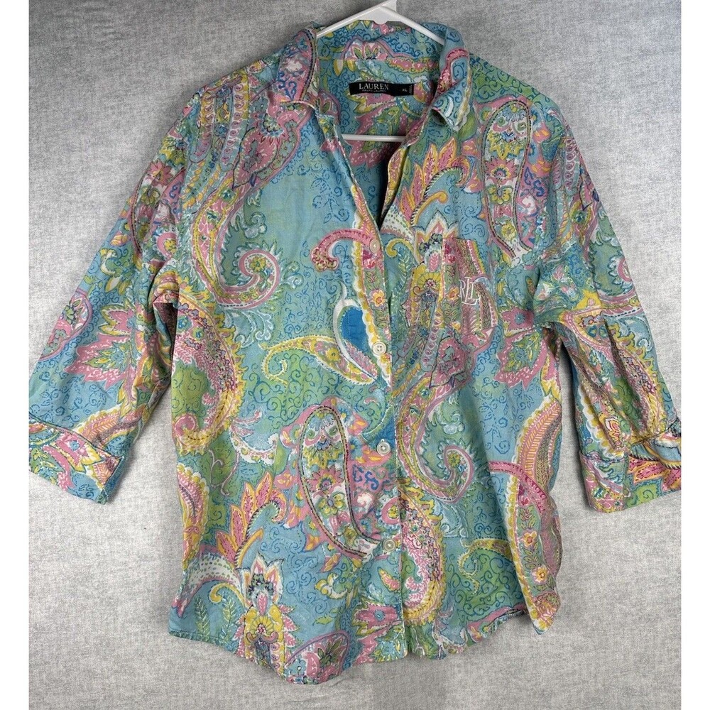 Lauren Ralph Lauren Top Womens XLarge Blue Pink Yellow Paisley Shirt Blouse